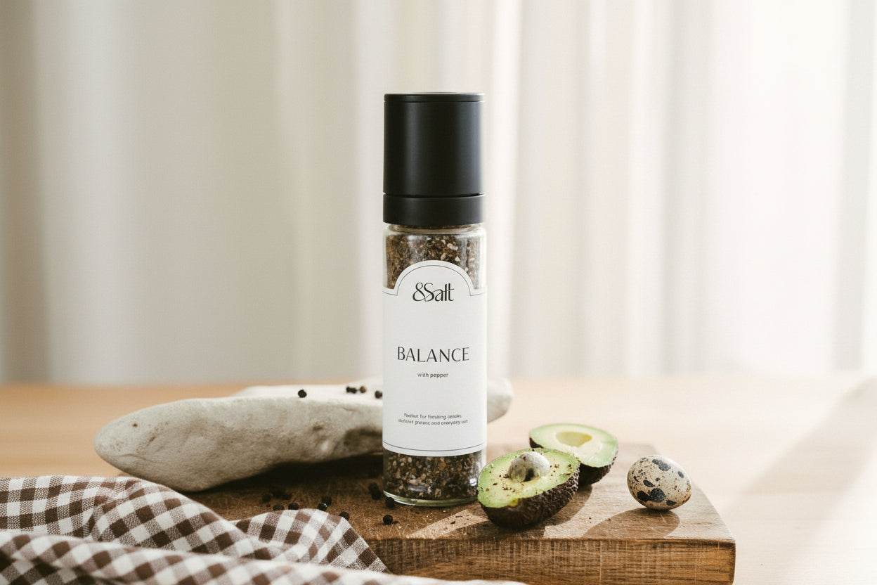 Bottle of '&Salt' Balance seasoning on a wooden surface with avocados and a checkered cloth.