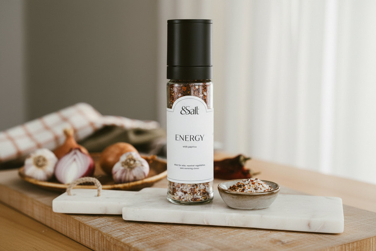Bottle of '&Salt' energy seasoning on a marble cutting board with garlic and onions in the background.