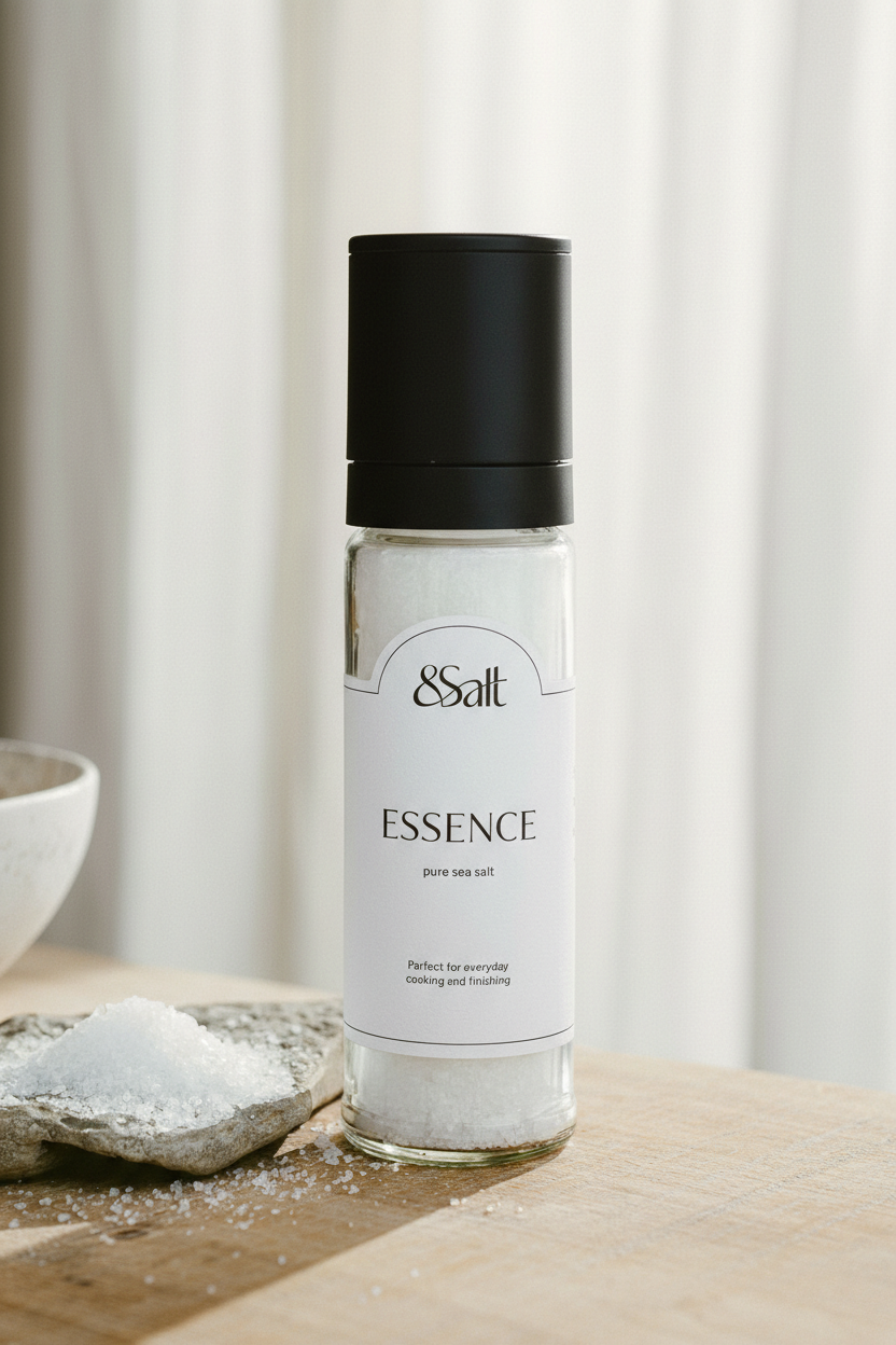 Bottle of '&Salt Essence' on a wooden surface with a neutral background