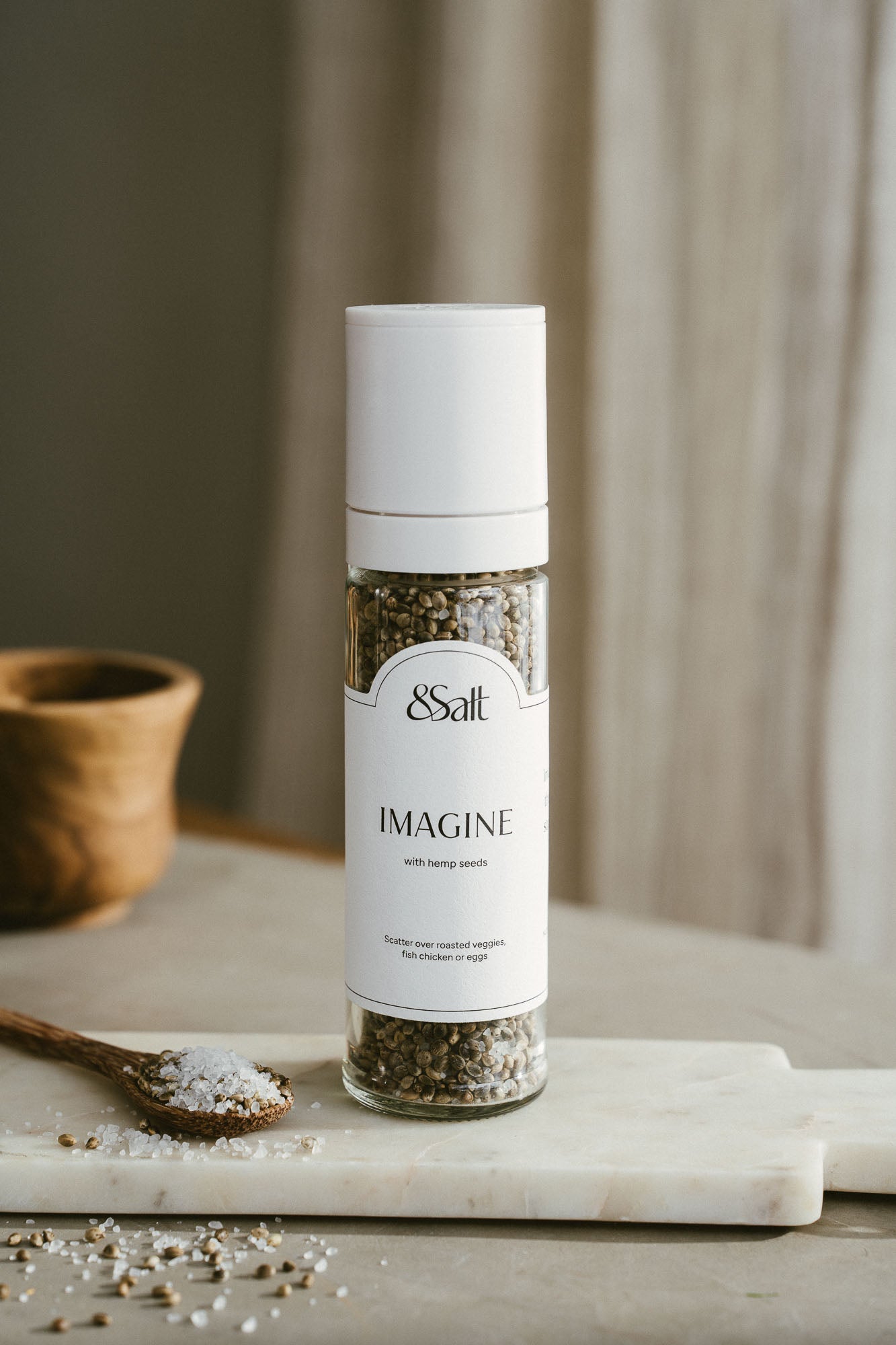 IMAGINE gourmet finishing salt blend in a premium reusable glass grinder for everyday cooking with hemp