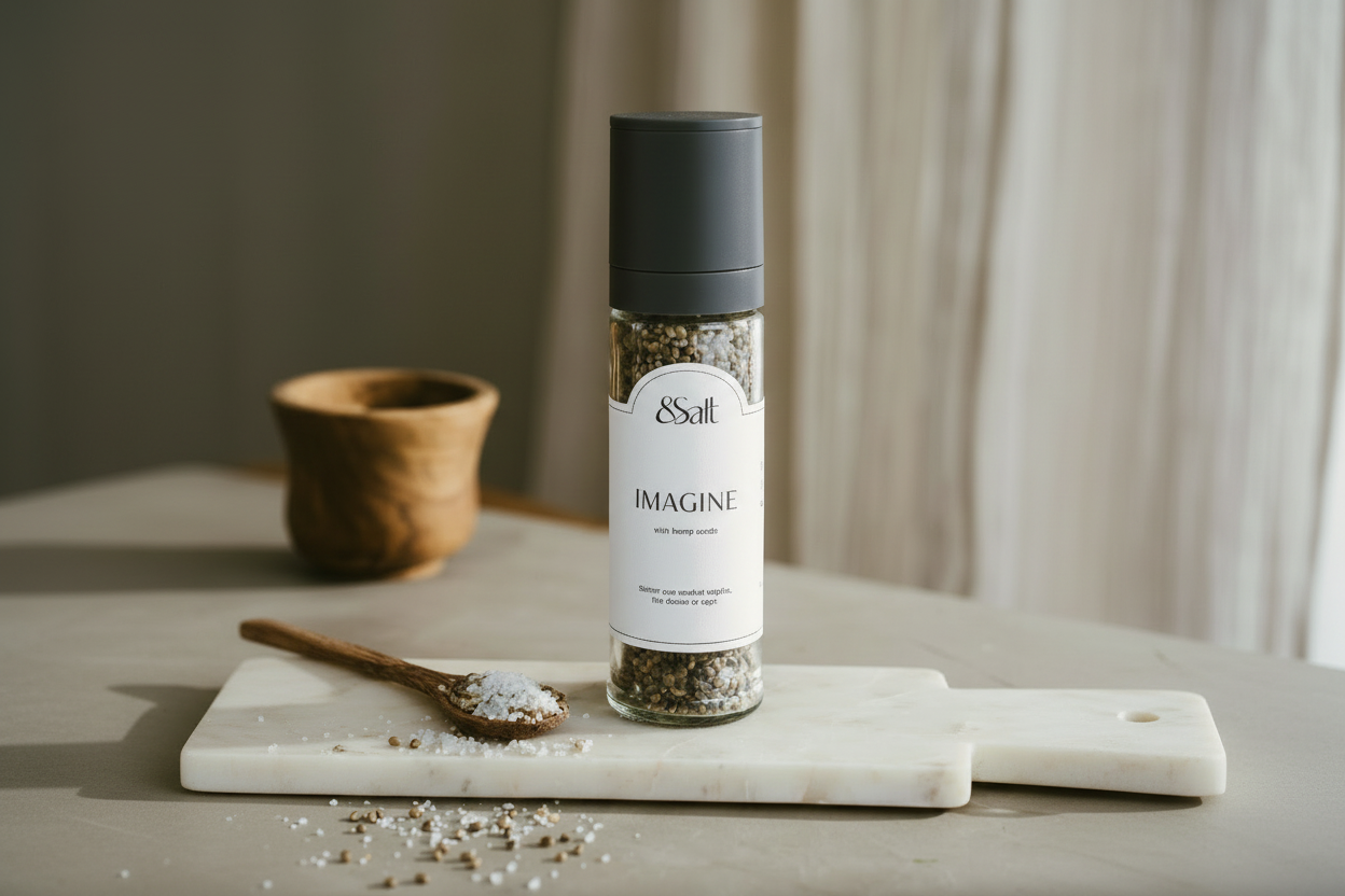 Pepper grinder labeled '&Salt Imagine' on a marble surface with a wooden spoon and small container in the background.