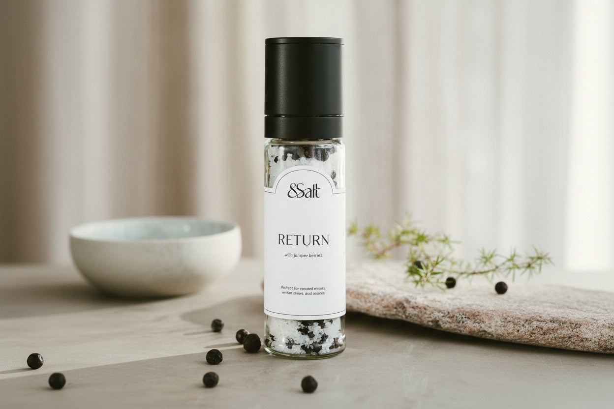 Andsalt Return seasoning bottle with black pepper on a neutral background