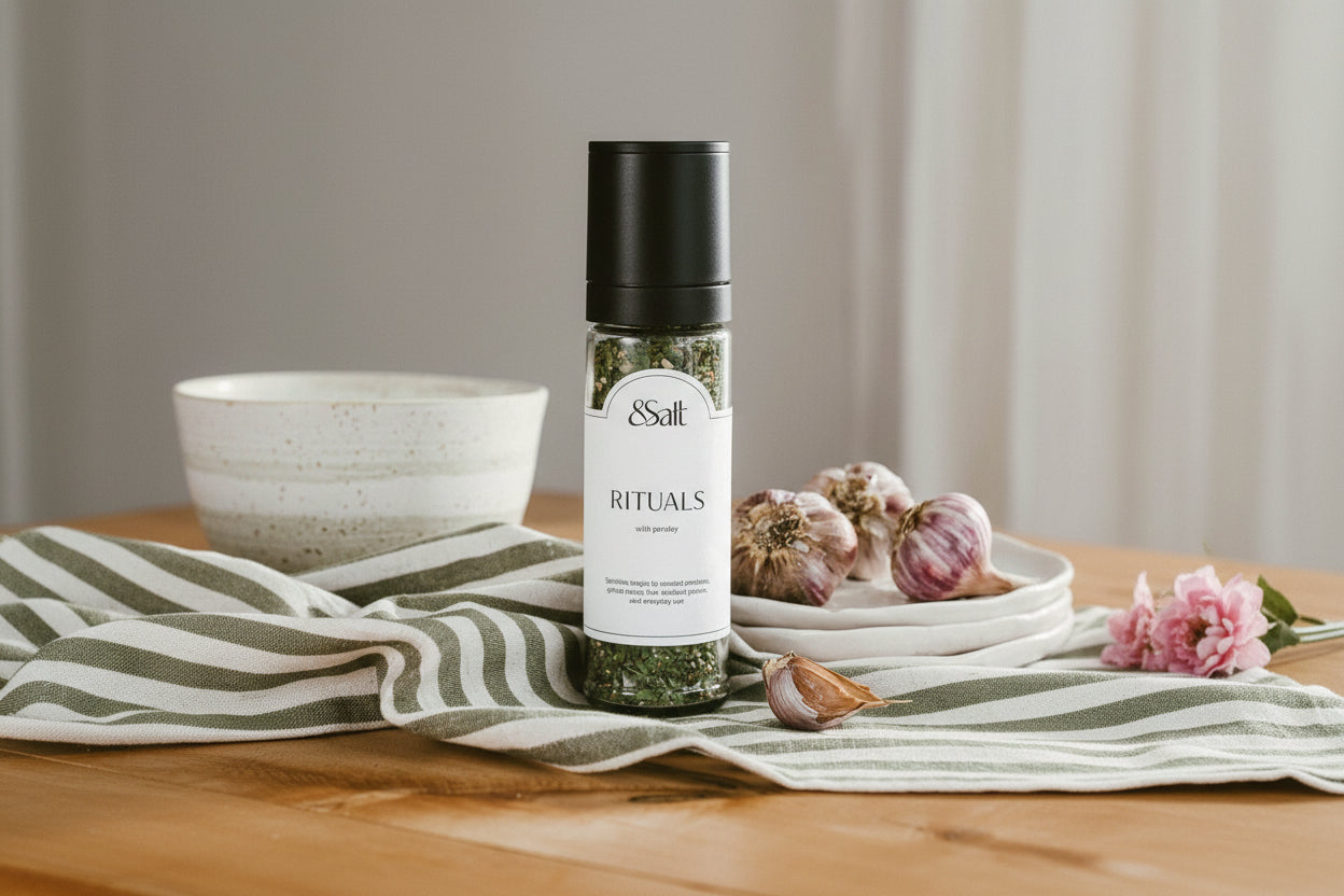 Bottle of &Salt seasoning on a table with garlic and a towel